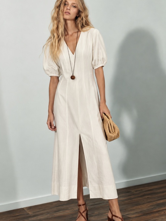 Zara Dresses & Skirts - ZARA NWT White Balloon Puff Sleeve V-Neck Midi Dress Size Small 2201/957